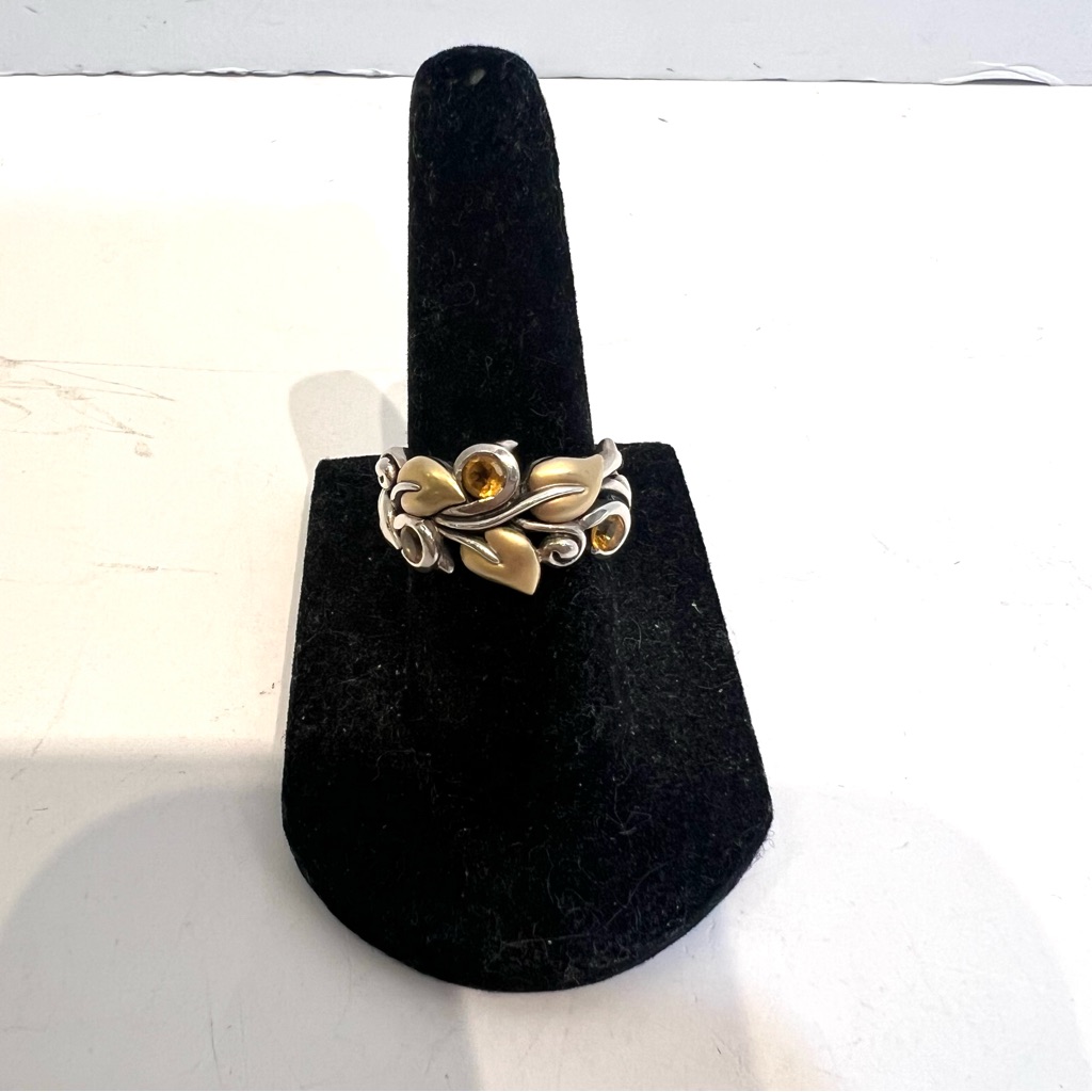 Barbara Bixby 18k Gold & Sterling Silver Citrine Vine Leaf Ring - 6